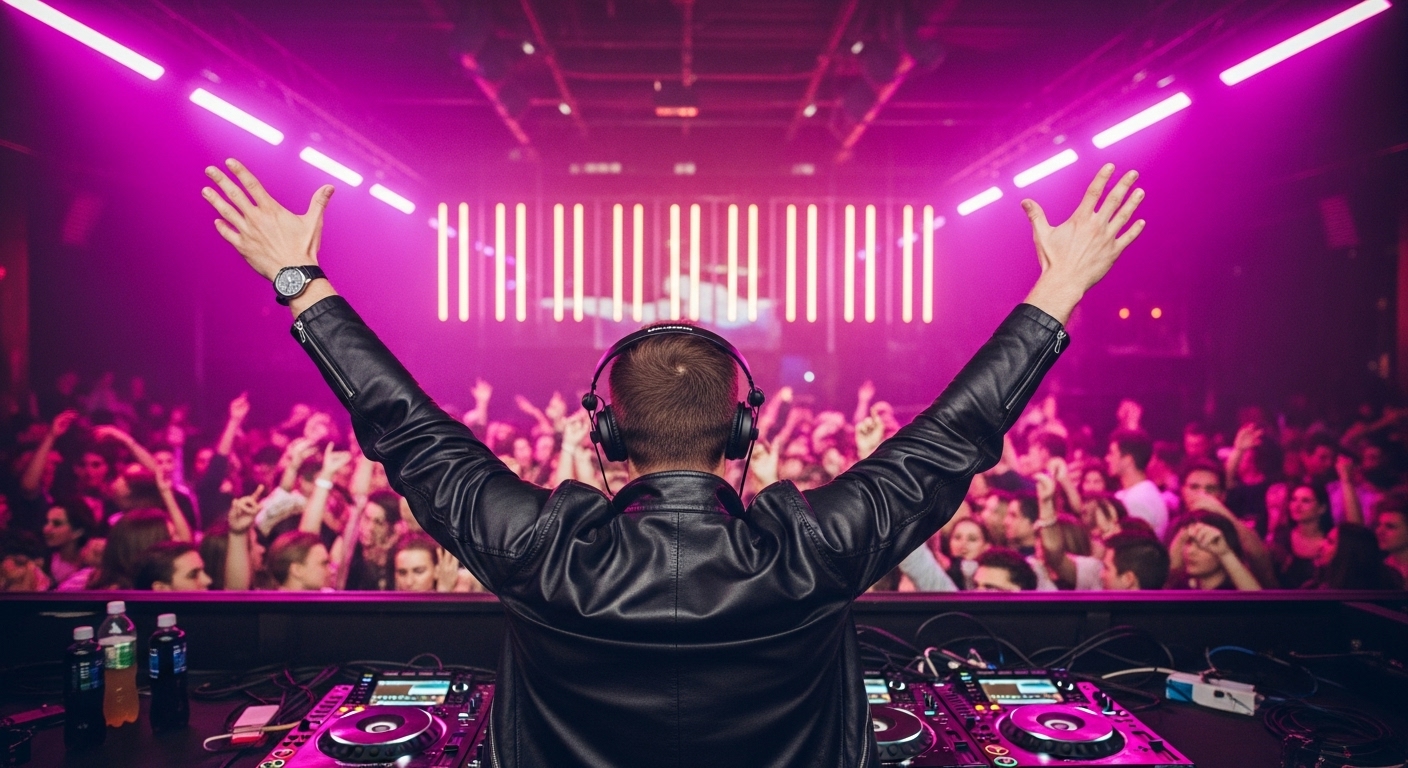 Um DJ de jaqueta de couro e fones de ouvido levanta os braços enquanto comanda uma grande festa em uma casa noturna. O ambiente está iluminado por luzes neon em tons de rosa e roxo, enquanto o público vibra ao som da música eletrônica. A cena transmite a euforia de uma pista de dança lotada e a conexão entre o artista e os fãs.