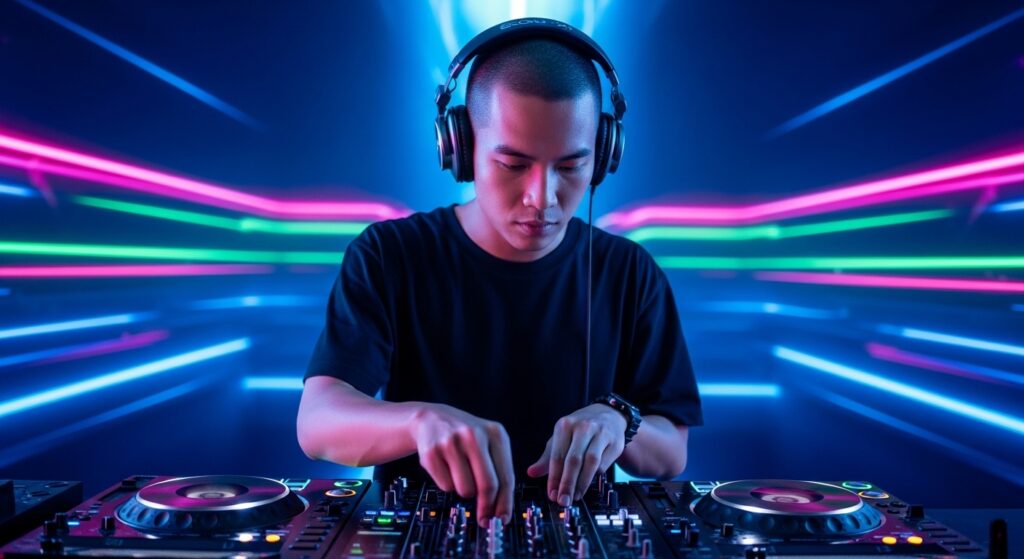 Um DJ imerso no universo do streaming, usando fones de ouvido enquanto joga em um ambiente com iluminação neon.