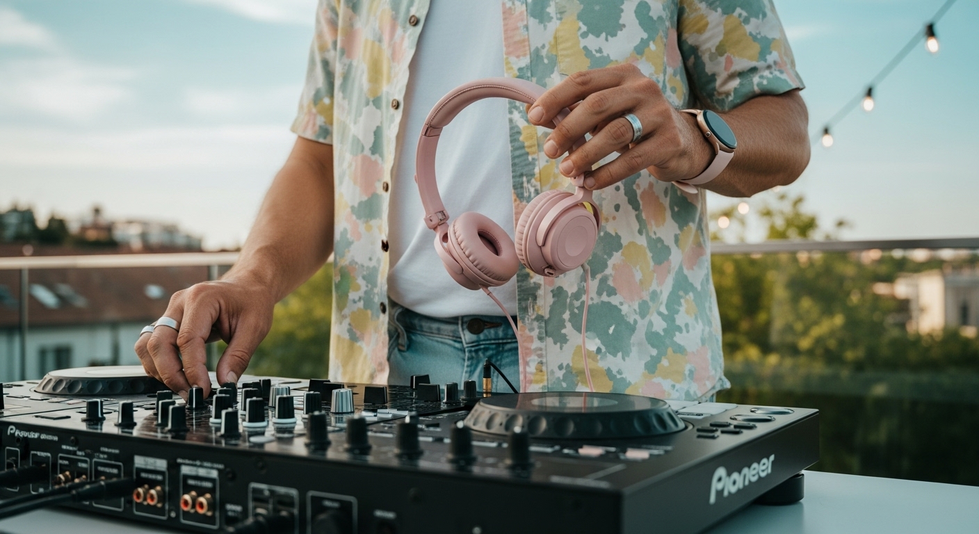DJ manipulando controladora de áudio com fones de ouvido na mão durante apresentação ao ar livre, destacando a energia da música em eventos ao vivo.