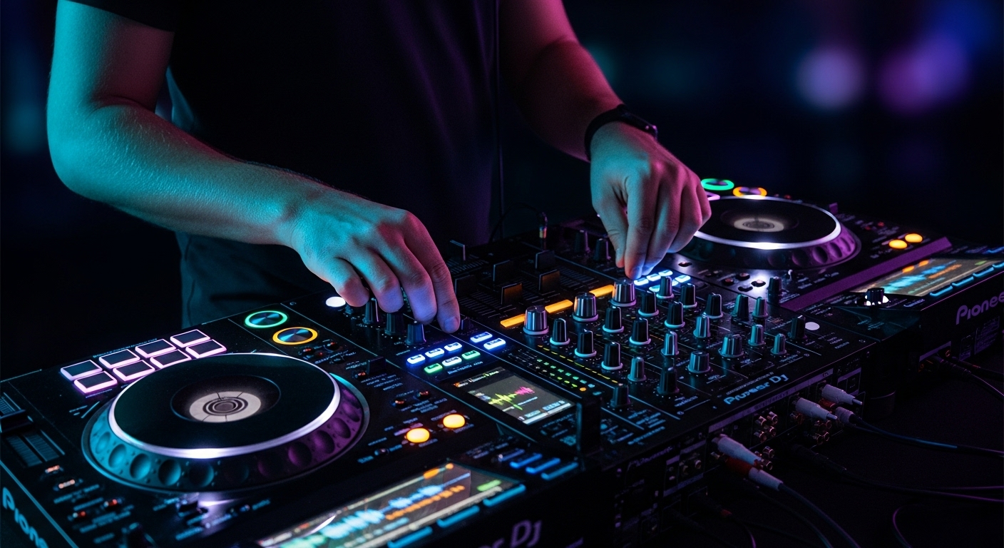 DJ operando uma mesa de mixagem digital com luzes coloridas, ilustrando o uso da tecnologia na produção musical e em performances ao vivo.
