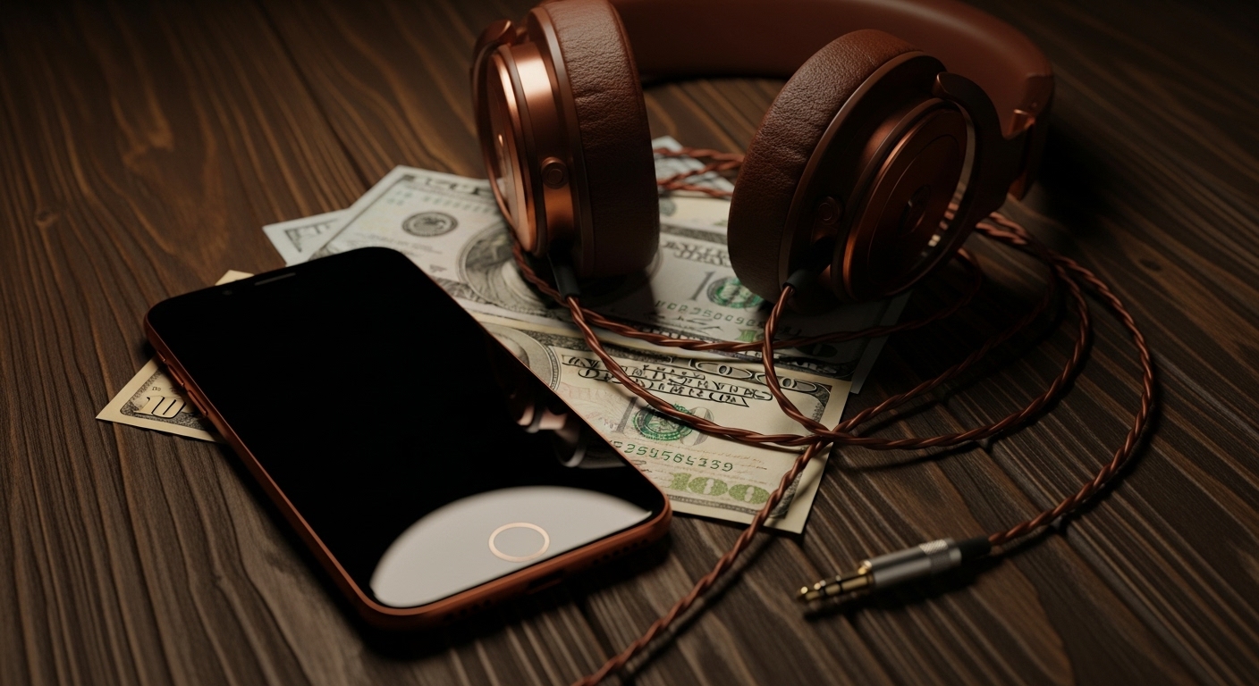 Fones, dólares e celular representando o futuro da música