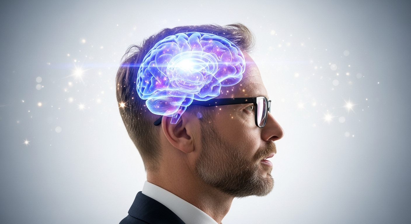 Homem de perfil com uma ilustração digital do cérebro iluminado, representando o conceito de saúde mental e bem-estar psicológico.