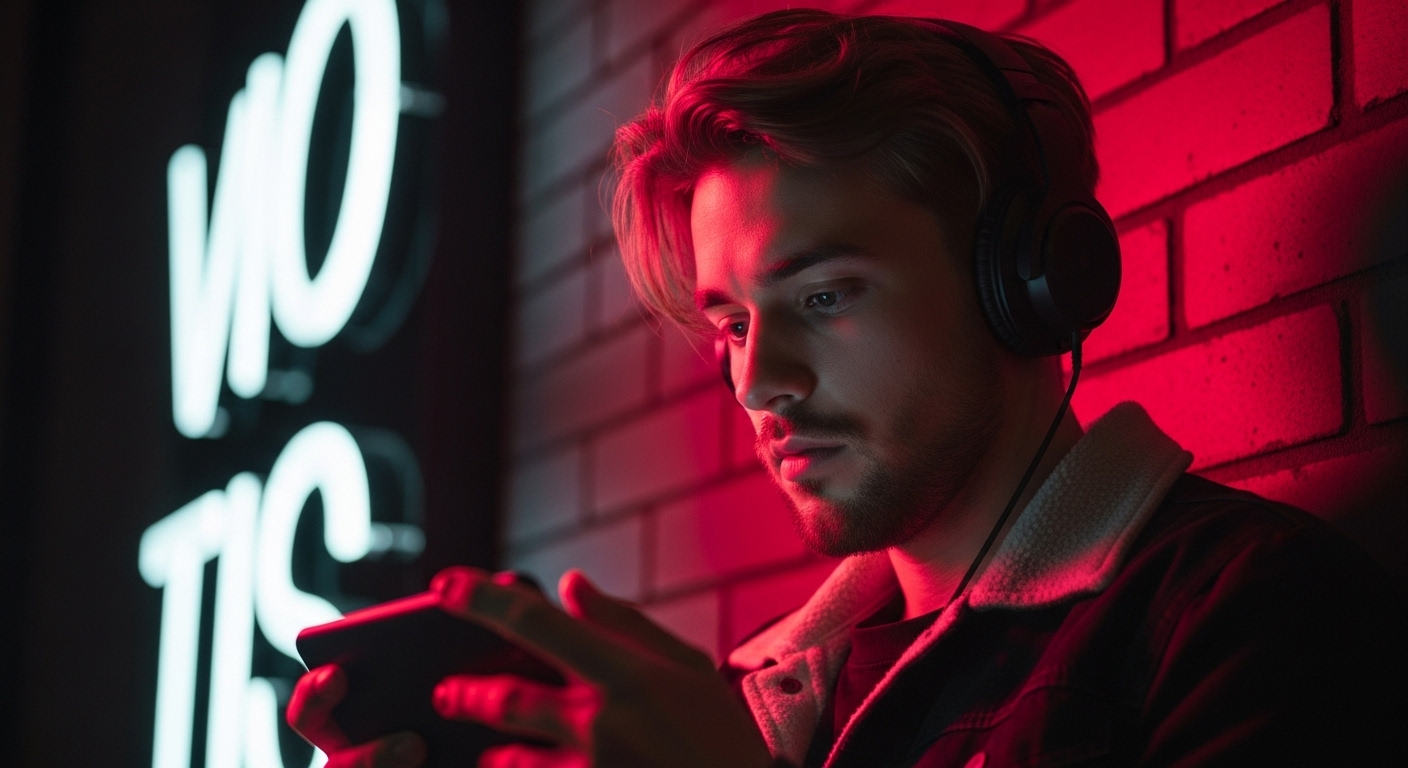 Jovem usando fones de ouvido e mexendo no celular sob luz neon rosa, representando o estilo urbano e moderno dos DJs durante momentos de inspiração musical.