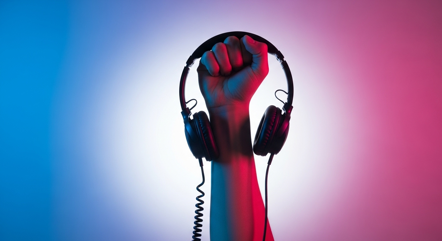 Mão erguida segurando fones de ouvido contra um fundo iluminado em tons roxo e azul, simbolizando a conexão entre música e saúde mental.