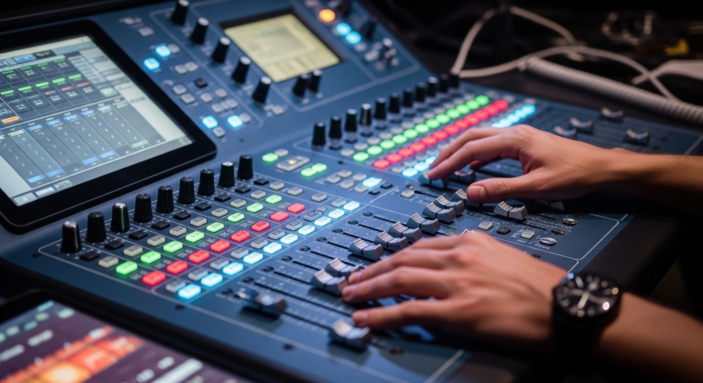 Mesa de som profissional sendo operada por uma mão humana, representando o trabalho técnico dos DJs no controle e mixagem de áudio durante eventos musicais.