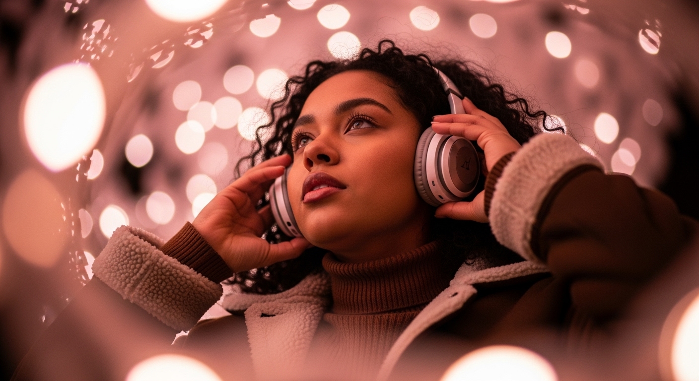 Mulher sorridente ouvindo música via streaming com fones de ouvido, diante de luzes neon coloridas ao fundo.