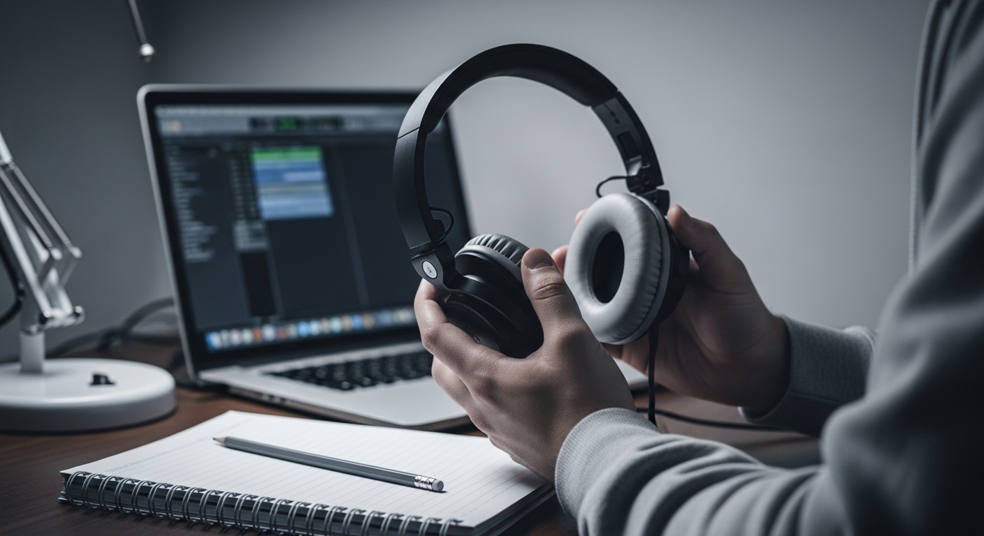 Pessoa segurando fones de ouvido profissionais em frente a um notebook com software de edição de áudio na tela, representando a rotina de estudo e produção musical dos DJs.