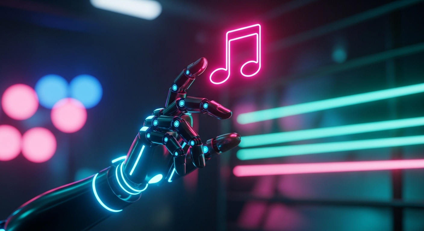 Mão robótica interagindo com ícone de nota musical em neon, simbolizando a fusão entre música e inteligência artificial.