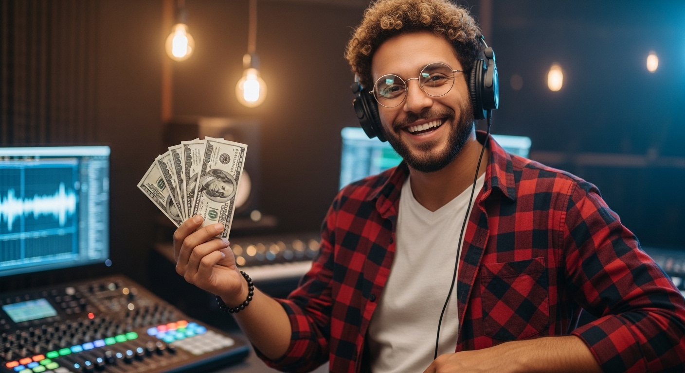 O impacto financeiro do streaming: um criador de conteúdo celebrando ganhos com monetização digital em um estúdio de produção.