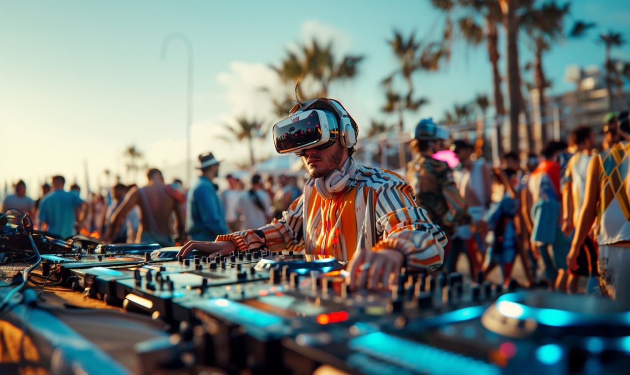 DJ futurista utilizando óculos de realidade virtual durante uma apresentação ao ar livre, demonstrando como a tecnologia na música pode atrair público e gerar dinheiro no cenário de eventos modernos.