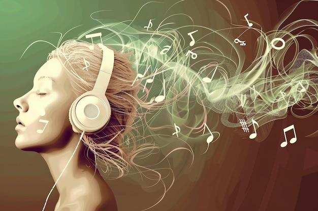 Uma mulher de olhos fechados ouvindo música com fones de ouvido, enquanto notas musicais fluem ao seu redor. O efeito da música sobre a mente reforça a relação entre arte e saúde mental , ajudando no alívio da ansiedade e na melhoria do humor.