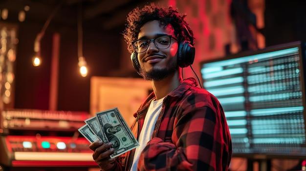 O impacto financeiro do streaming: um criador de conteúdo celebrando ganhos com monetização digital em um estúdio de produção.