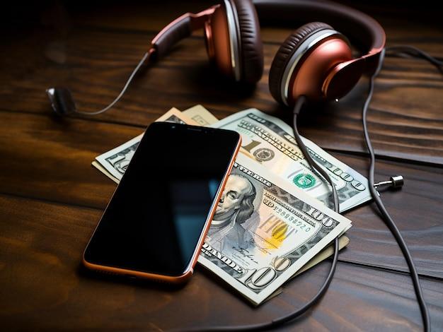 Fones, dolares e celular representando o futuro da musica