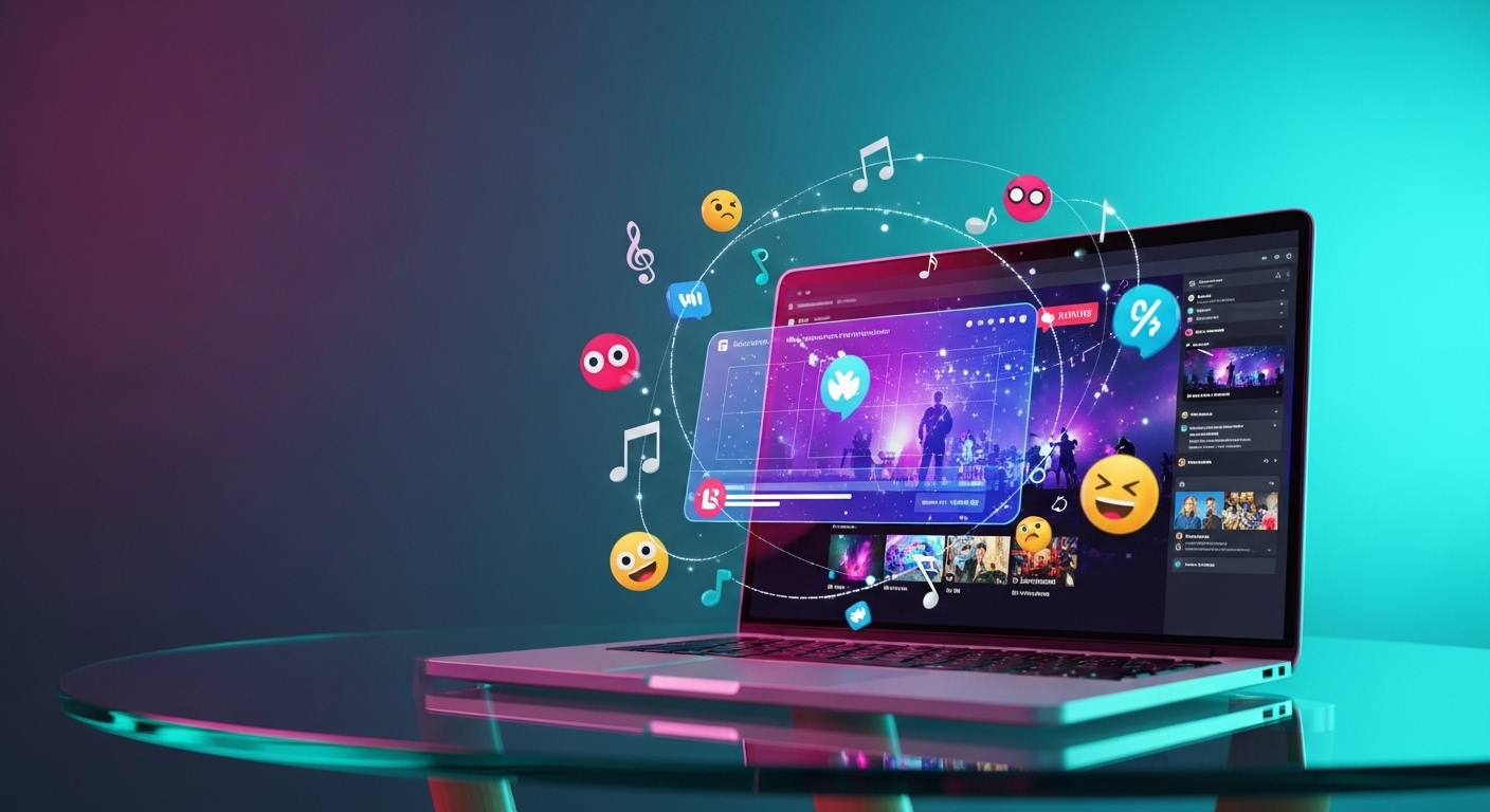 O conceito de streaming ao vivo ganha vida com um laptop cercado por elementos digitais, representando a evolução do entretenimento online.