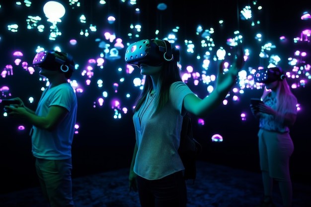 Pessoas imersas em um ambiente de realidade virtual interagem com luzes flutuantes, criando uma experiência sensorial única. Com fones e óculos VR, os participantes exploram um espaço onde música e tecnologia se fundem, proporcionando uma jornada sonora inovadora, onde os sons se tornam visíveis e palpáveis no universo digital.