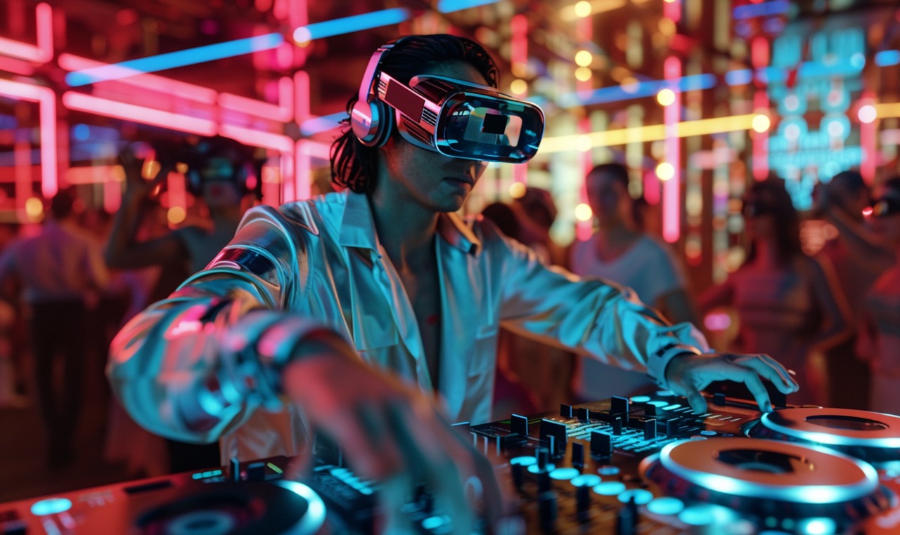 DJ com óculos de realidade virtual comandando a música em uma festa futurista, cercado por luzes neon e um público imerso na experiência digital.