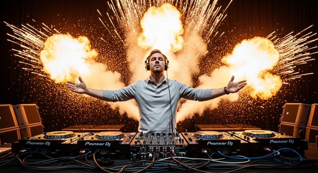 Imagem impactante de um DJ em meio a uma estrutura tecnológica de som, com explosões de luz ao fundo, simbolizando uma performance intensa e inesquecível que envolve o público através de som e espetáculo visual.