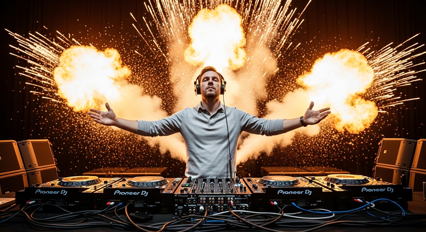 Imagem impactante de um DJ em meio a uma estrutura tecnológica de som, com explosões de luz ao fundo, simbolizando uma performance intensa e inesquecível que envolve o público através de som e espetáculo visual.