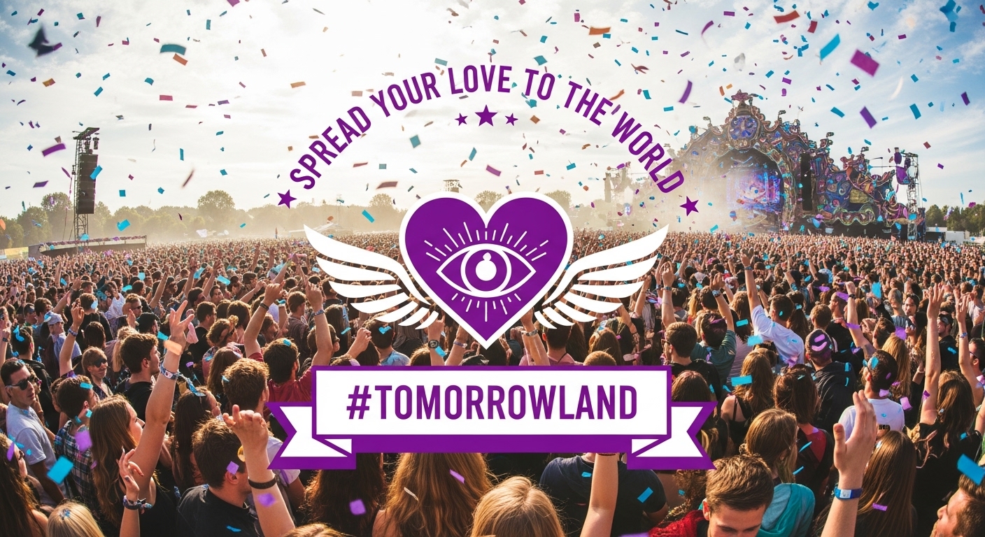Imagem do festival Tomorrowland com multidão vibrante, confetes no ar e o logotipo central em destaque, representando o forte branding do evento e sua identidade visual marcante no universo da música eletrônica.