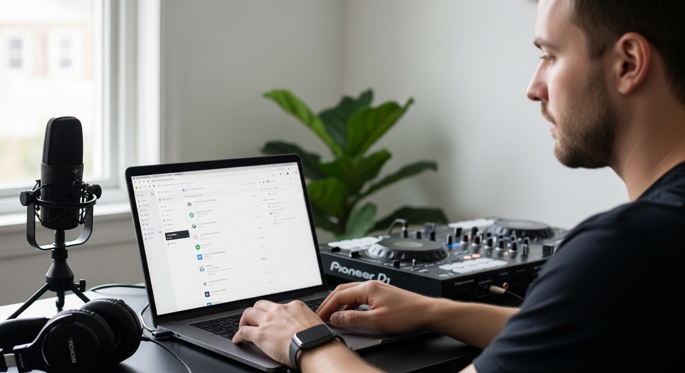 Homem trabalhando em um notebook com painel de controle e equipamentos de DJ ao fundo, representando a integração entre produção de conteúdo, música e estratégias de marketing digital.