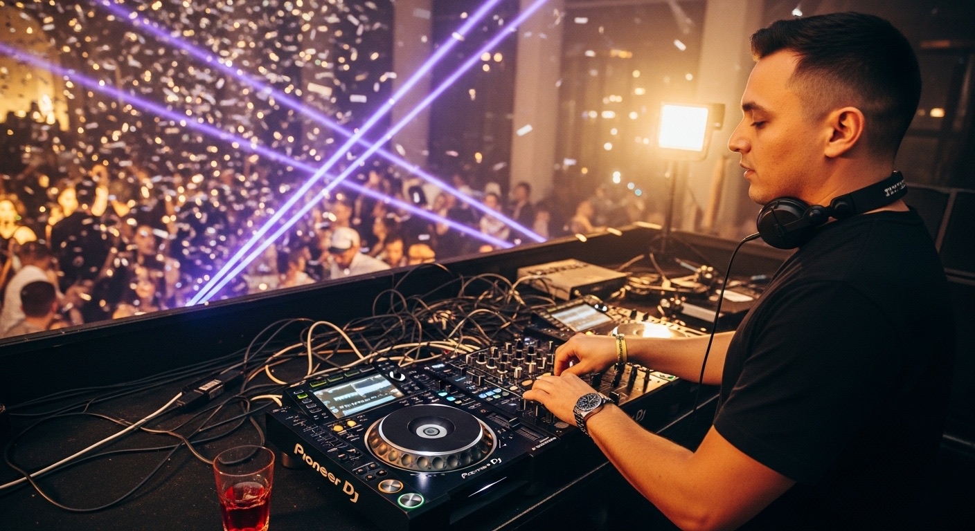 DJ comandando uma mesa de som em uma festa lotada com luzes e lasers, representando o poder do marketing digital na promoção de eventos e na construção de audiências engajadas.