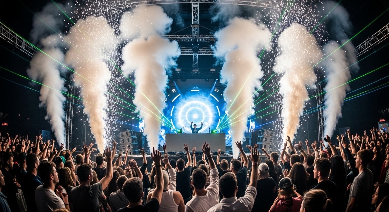 Plateia animada com braços erguidos durante uma performance eletrizante, envolvida por uma experiência sensorial com luzes e som que ampliam o impacto emocional do evento.
