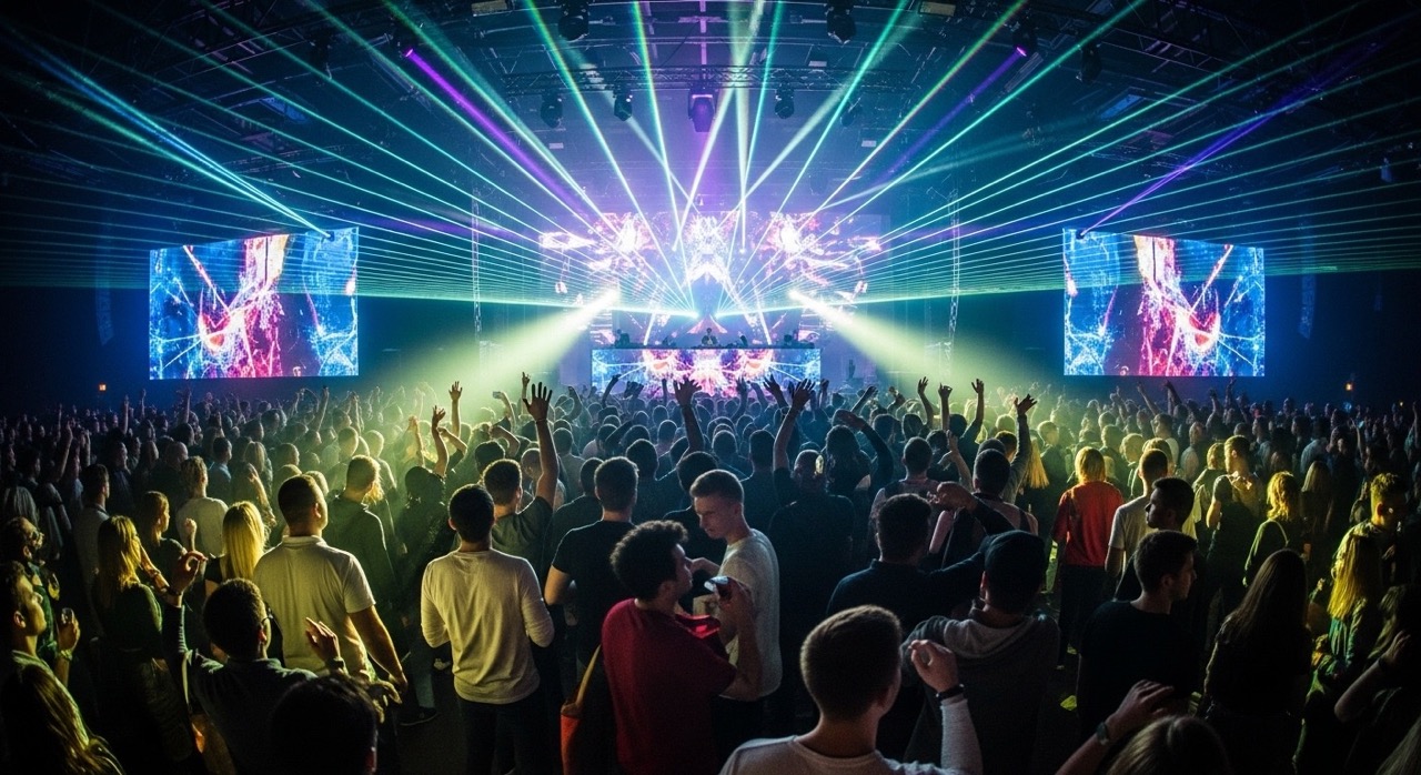 imagem vibrante da plateia de uma performance de musica eletronica com efeitos de iluminacao, onde a multidão se deixa levar pela energia do espetáculo e pela batida envolvente.