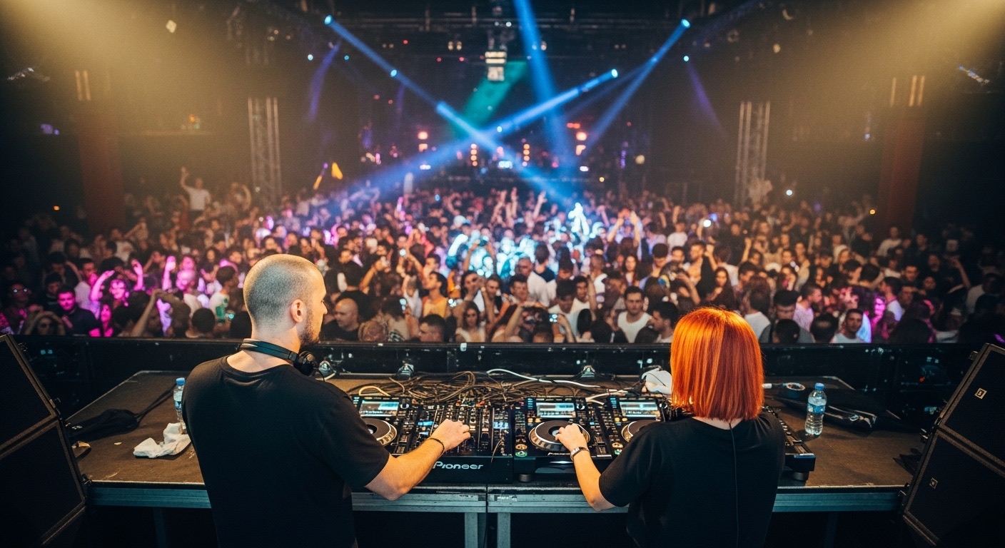 Dois DJs se apresentam juntos em um clube lotado, demonstrando estratégias para DJs que envolvem colaboração, sincronia musical e criação de uma atmosfera envolvente para o público.