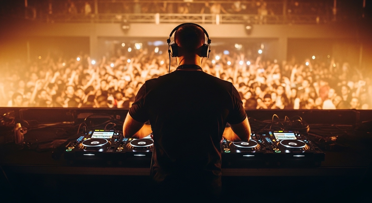 DJ se apresenta para uma multidão em uma casa de shows lotada, simbolizando o sucesso de estratégias para DJs focadas em presença de palco, conexão com o público e uso eficaz de equipamentos profissionais.