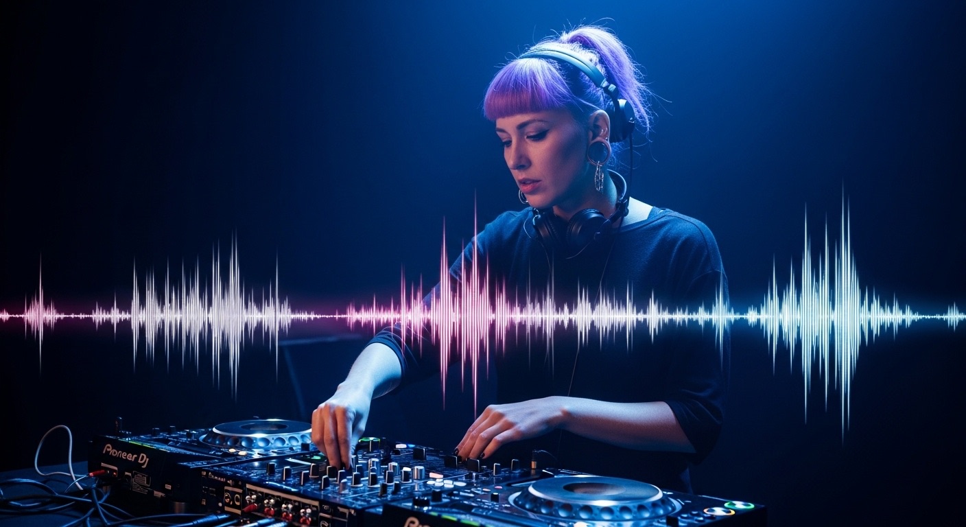 DJ mixando música eletrônica em um ambiente escuro, com ondas sonoras iluminadas ao redor, representando a energia da batida e da performance ao vivo.