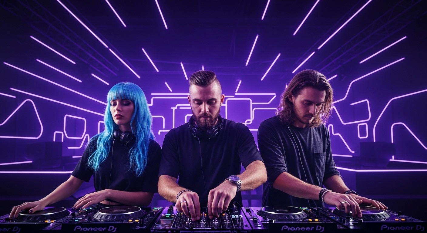 Trio de DJs mixando música eletrônica em uma balada iluminada por luzes neon roxas, transmitindo um ambiente imersivo e futurista.
