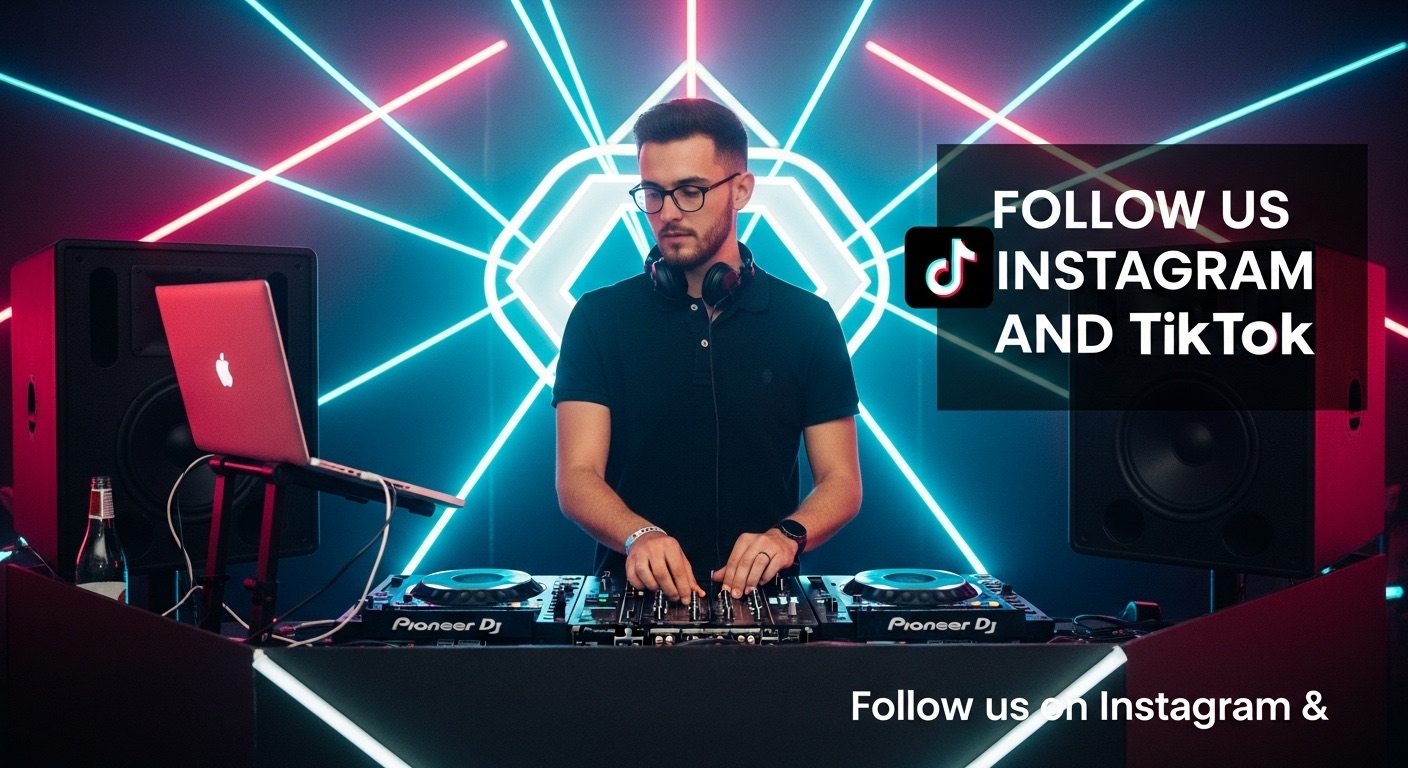 Banner promocional de música eletrônica com uma DJ performando no palco, acompanhada de luzes vibrantes e o chamado para seguir nas redes sociais.