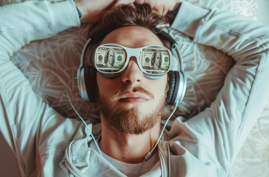 Homem deitado usando fones de ouvido e óculos espelhados com notas de dólar refletidas, simbolizando o impacto do branding pessoal e a valorização da imagem na construção de uma marca lucrativa.