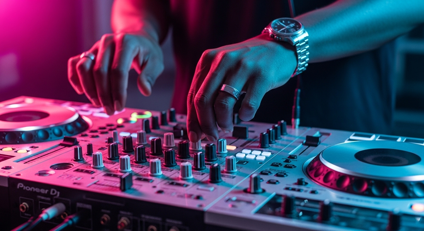 DJ ajustando mesa de som em ambiente iluminado, simbolizando a influência das redes sociais na promoção de música e eventos.