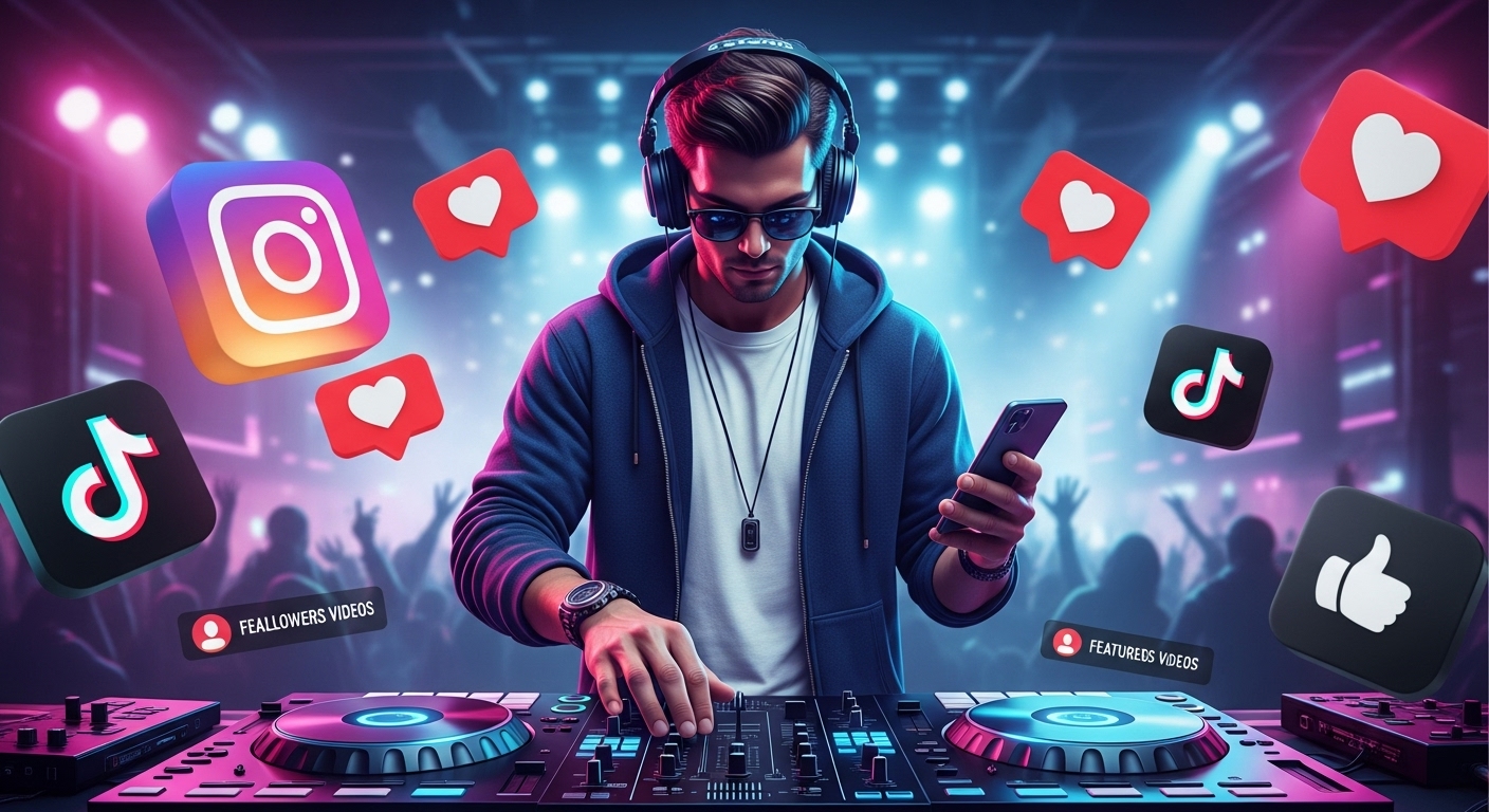 DJ utilizando smartphone e mesa de som em ambiente de balada, com ícones de redes sociais como Instagram, TikTok e curtidas flutuando ao redor, simbolizando o impacto das redes sociais na música e no engajamento digital.