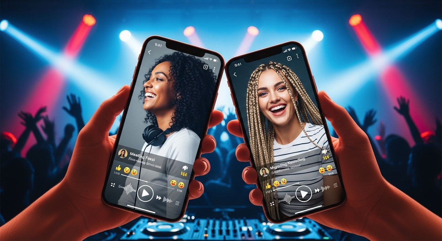 Duas mulheres sorrindo dentro de telas de iphone com a interface do aplicativo tiktok, em uma festa de musica eletronica. representando interação e conexões por meio de redes sociais em ambiente festivo.