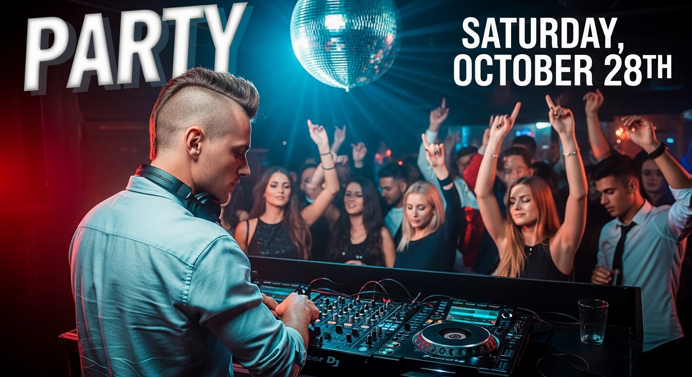 Banner promocional de festa com DJ em destaque, colocando dia do evento, usada para divulgar em redes sociais