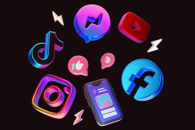 Ícones 3D do Instagram, Facebook, TikTok, YouTube e outras redes sociais flutuando ao redor de um smartphone, representando a presença digital e estratégias de marketing em redes sociais.